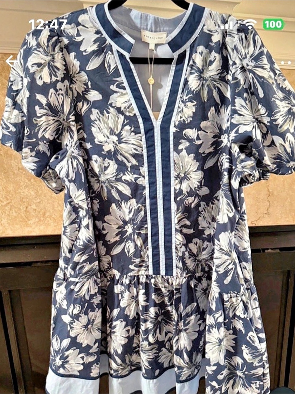 entro Floral Print Short Puff Sleeve Mini Dress Blue & White XL